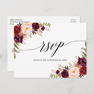 Cartão Postal Calliografia Burgundy Floral Wedding RSVP