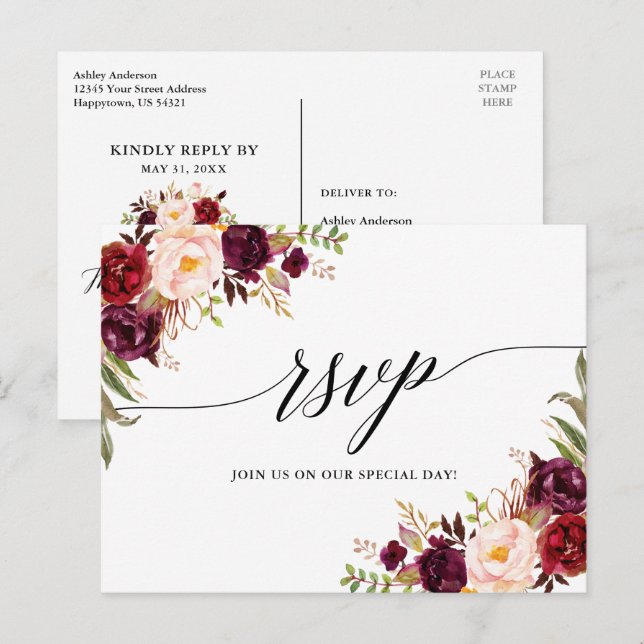Cartão Postal Calliografia Burgundy Floral Wedding RSVP (Frente/Verso)
