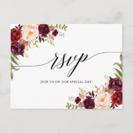 Cartão Postal Calliografia Burgundy Floral Wedding RSVP