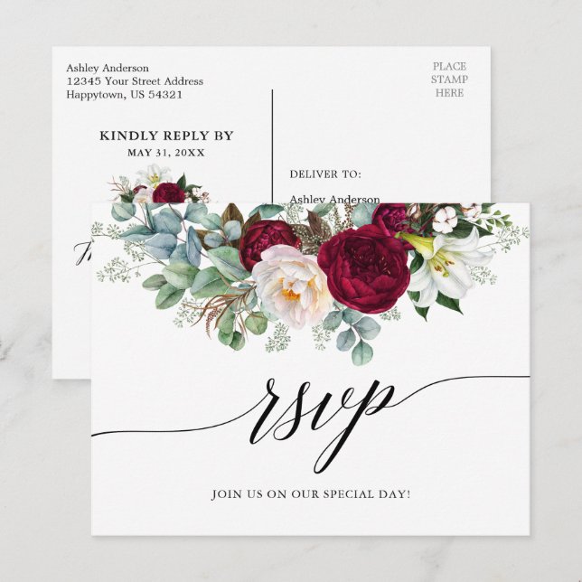 Cartão Postal Calliografia Burgundy Floral Wedding RSVP (Frente/Verso)