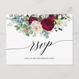 Cartão Postal Calliografia Burgundy Floral Wedding RSVP
