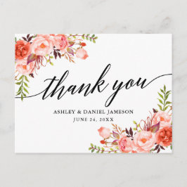 Cartão Postal Calliografia Coral Floral Casamento Obrigado