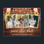 Cartão Postal Calliografia Madeira Floral Burgundy Salvar Data<br><div class="desc">Script de Caligrafia Moderna,  Luzes de Madeira e Cordas Russas,  Cartão-postal de Imagem de Burgundy Burgundy Com Noivado De Data Casal 3. Rosas de Borgonha,  Rosas Rosa,  Rosas vermelhas,  Girassóis e Verde Botânico.</div>