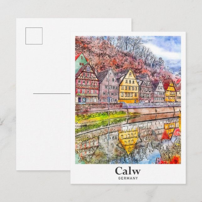 Cartão Postal Calw Alemanha Art Viagem Watercolor (Frente/Verso)