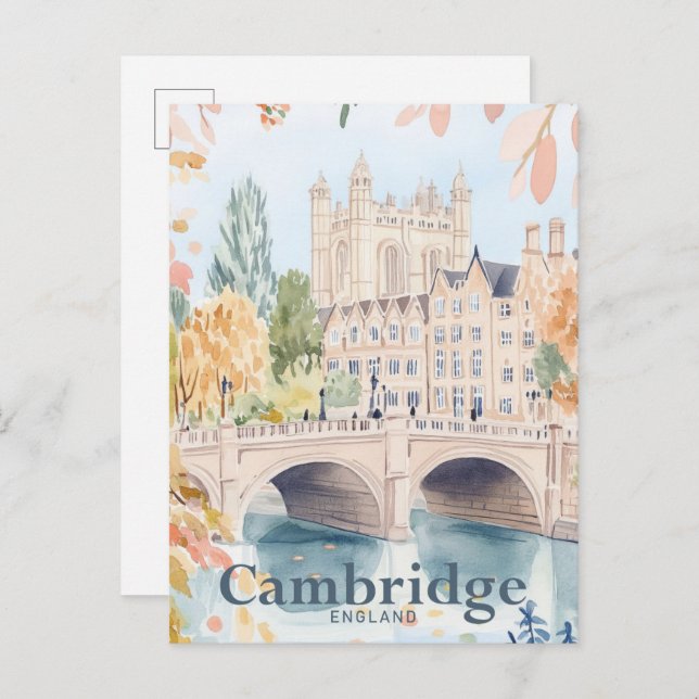 Cartão Postal Cambridge England Watercolor Viagem Illustração (Frente/Verso)