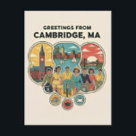 Cartão Postal Cambridge Massachusetts 1950s Retro Travel<br><div class="desc">Cambridge Massachusetts Retro Travel Postcard – Colorful 1950s Style Graphic Design, Mid-Century Greetings Souvenir, Vintage Inspired Art Print POD Description: Send a splash of mid-century charm with this vibrant Cambridge, Massachusetts retro travel postcard! Inspired by the bold graphic design and cheerful colors of classic 1950s travel souvenirs, this artistic rendering...</div>