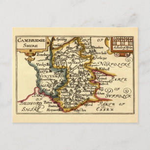Cartão Postal Cambridgeshire County England Antigo Mapa Antiquár