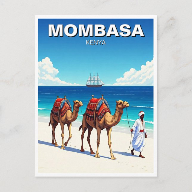Cartão Postal Camelos na praia em Mombasa Kenya (Frente)