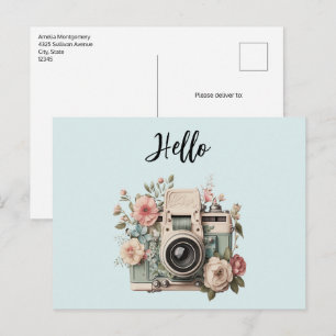Cartão Postal Câmera com Flores Pastel Retro Olá