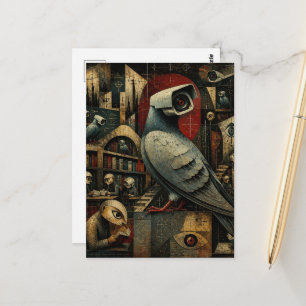 Cartão Postal câmera de vigilância surrealista pombos na bibliot