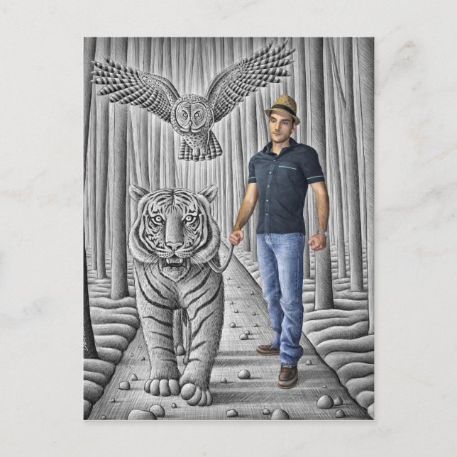 Cartão Postal Câmera Pencil Vs - Tigre, Coruja, Homem (Frente)