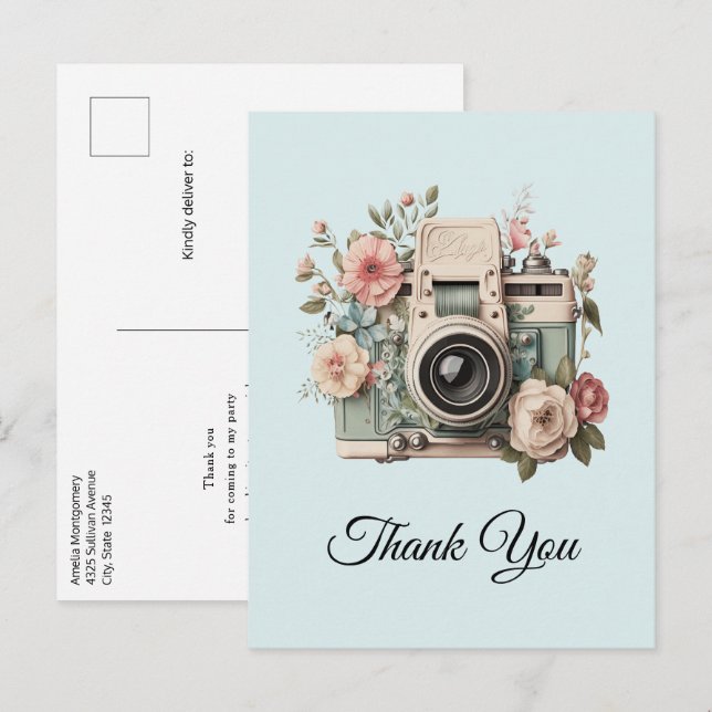 Cartão Postal Camera with Flowers Retro Pastel Image Thank You (Frente/Verso)