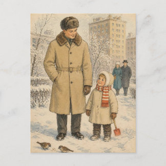 Cartão Postal Caminhada Familiar de Inverno Vintage de Meados do