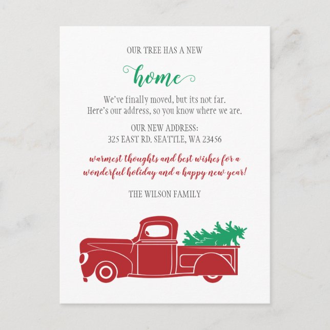 Cartão Postal Caminhão de Árvore de Natal Nós Mudamos Feriados (Frente)