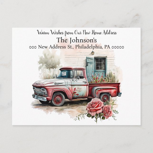 Cartão Postal Caminhão de Recolha Vermelho que Movemos Cartão-Po (Frente)