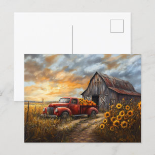 Cartão Postal Caminhão Vermelho Russo com Pumpkins e Girassóis