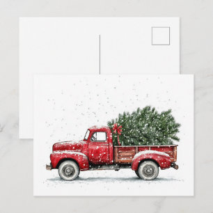 Cartão Postal Caminhão Vermelho Vintage em Aquarela Natal 