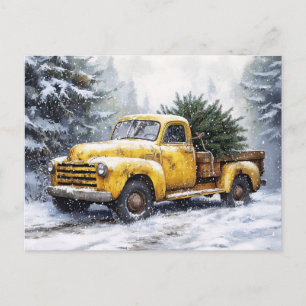 Cartão Postal Caminhãozinho Amarelo Antigo com Árvore de Natal