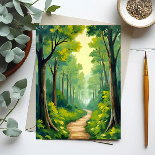 Cartão Postal Caminho da Floresta Verde   Pintura em Aquarela da