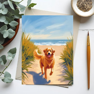 Cartão Postal Caminho da Praia do Golden Retriever   Cão do Ocea