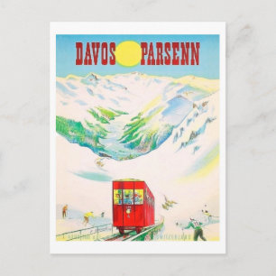 Cartão Postal Caminho de ferro de Davos Parsenn, comboio vermelh