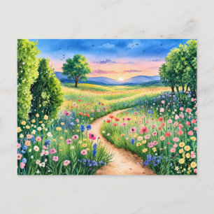 Cartão Postal Caminho do Pôr do Sol por uma Campina de Flores Si