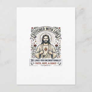 Cartão Postal Camisa de Jesus Costurando Bordado Gráfico Cristão