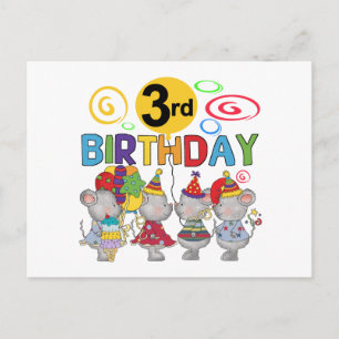 Cartão Postal Camisas de aniversário de 3 anos de ratos e presen