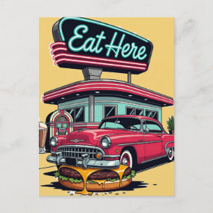 Cartão Postal Camiseta Retro Diner Eat Here Classic Car Burger