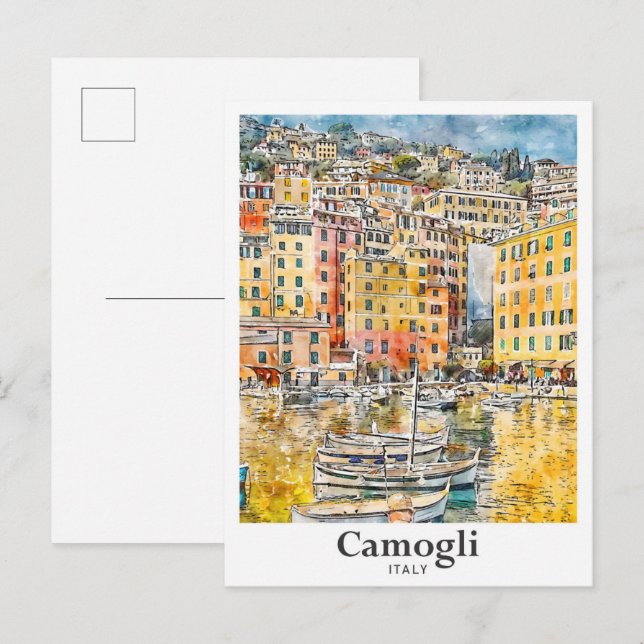 Cartão Postal Camogli Itália Viagem Watercolor (Frente/Verso)