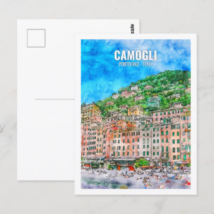 Cartão Postal Camogli Portofino Itália Viagem Place Watercolor