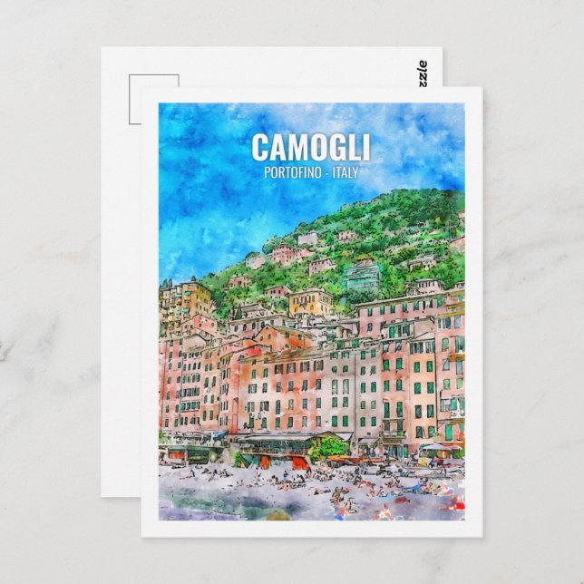Cartão Postal Camogli Portofino Itália Viagem Place Watercolor (Frente/Verso)