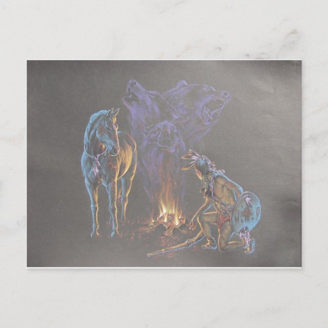 Cartão Postal Camp Fire Native Indian Warrior (Frente)