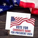 Cartão Postal Campanha Eleitoral do Candidato Político Personali<br><div class="desc">Cartões postais personalizáveis para candidatos à campanha política com a bandeira americana em cima de seu texto em vermelho,  branco e azul. Acrescente a sua escolha para presidente ou outro cargo político na eleição de 2024. Texto personalizado em negrito.</div>