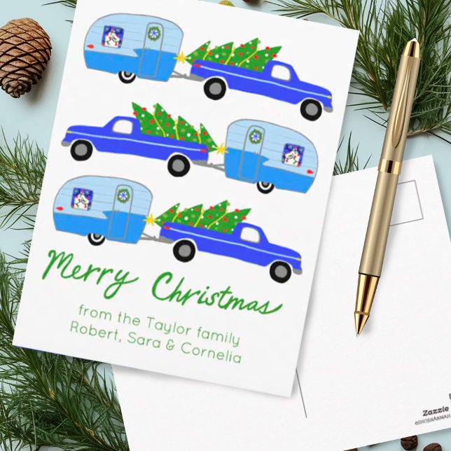 Cartão Postal Camper Vintage Retro RV (Custom Merry Christmas card with cute blue campers and trucks. Add your own text to this postcard)