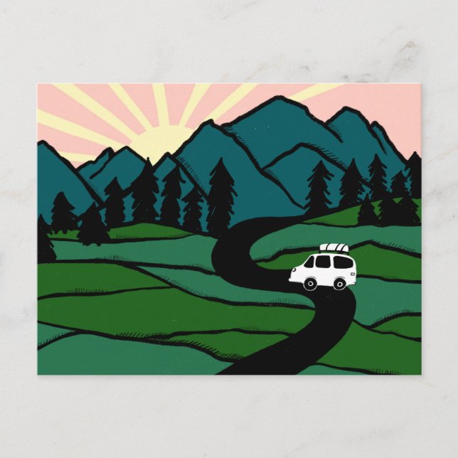 Cartão Postal Campervan Montanhas Vanlife RV Nascer do Sol (Frente)