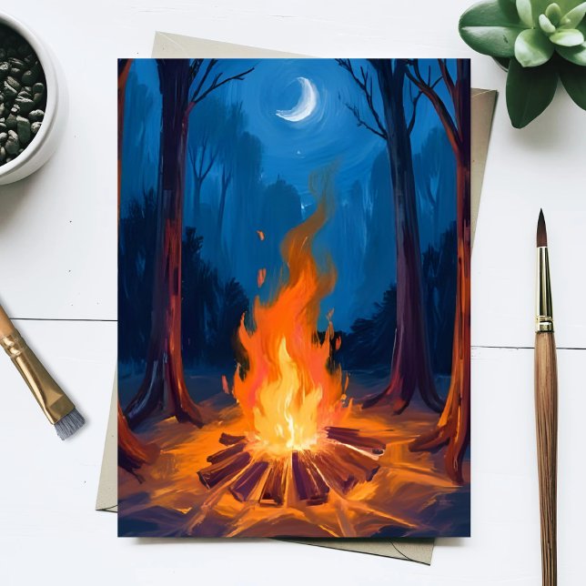 Cartão Postal Campfire Moon | Nature Watercolor Painting (Criador carregado)