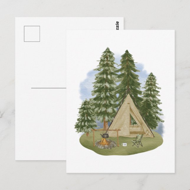 Cartão Postal Camping Theme Campfire, Tent, Forest, Árvores (Frente/Verso)