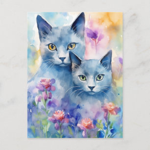 Cartão Postal Campo de Flor Russo Blue Cats