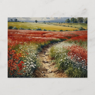 Cartão Postal Campo de Flores Vermelhas Brancas Cena da Natureza