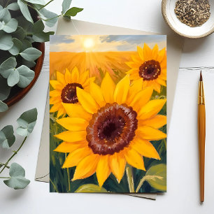 Cartão Postal Campo de Girassóis   Pintura em Aquarela Floral Am