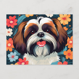 Cartão Postal Campo De Shih Tzu E Flores
