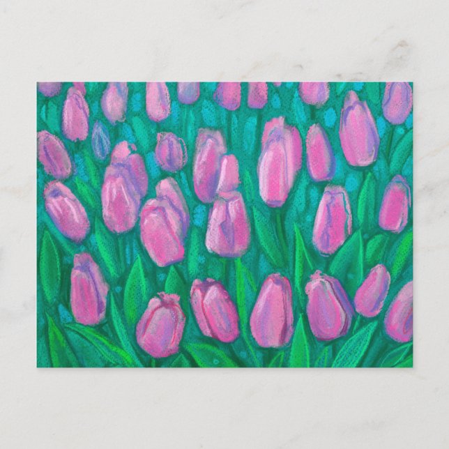 Cartão Postal Campo de Tulipas Rosa, Flores de Mola Pintura Flor (Frente)