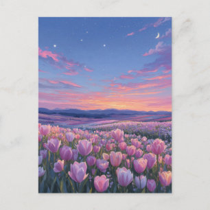 Cartão Postal Campo de Tulipas Rosa sob a Lua Crescente Estrelad