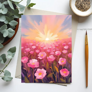 Cartão Postal Campo Floral de Flores Rosa Aquarela
