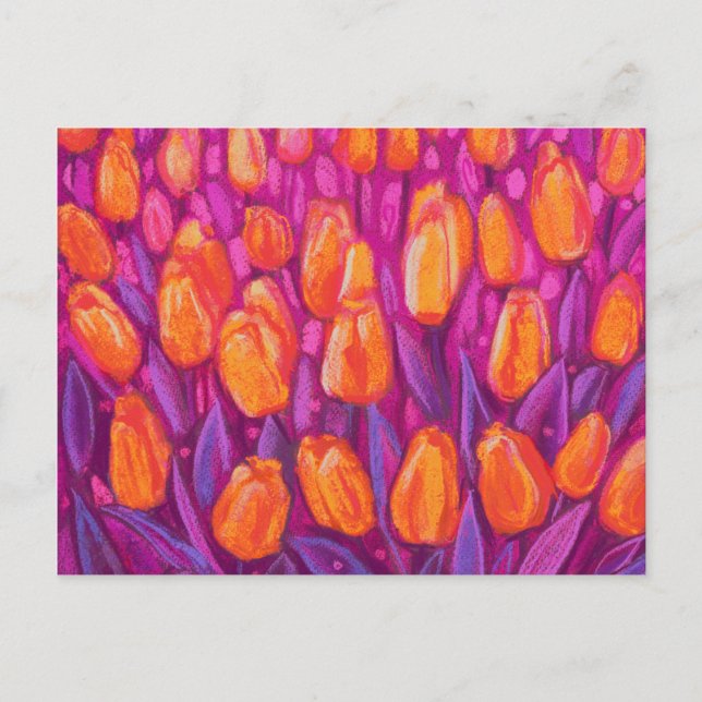 Cartão Postal Campo Tulipas, Flores Florais Laranja Roxo (Frente)