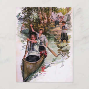 Cartão Postal Câmulos de escoteiro de Vintage Girl Canoagem Car
