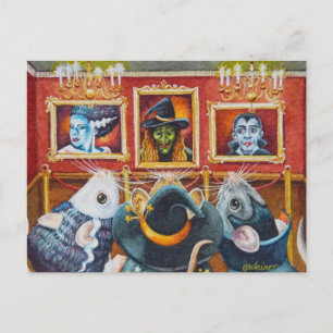 Cartão Postal Camundongos Halloween Visitam Arte Museu Aquarela
