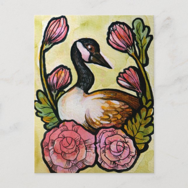 Cartão Postal Canadiano ganso Canadá Geese Pink Arte Floral (Frente)