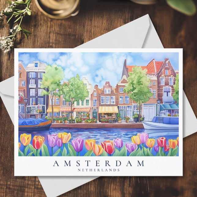 Cartão Postal Canal de Amsterdã e Tulipas Viagem de Aquarela (Amsterdam Canal & Tulips Watercolor Travel Postcard)